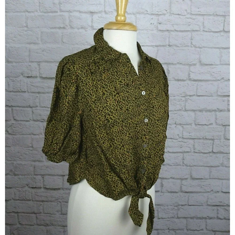 NWT Free People Celia Top Leopard Print Tie-Front Puff Sleeves Button Down XS